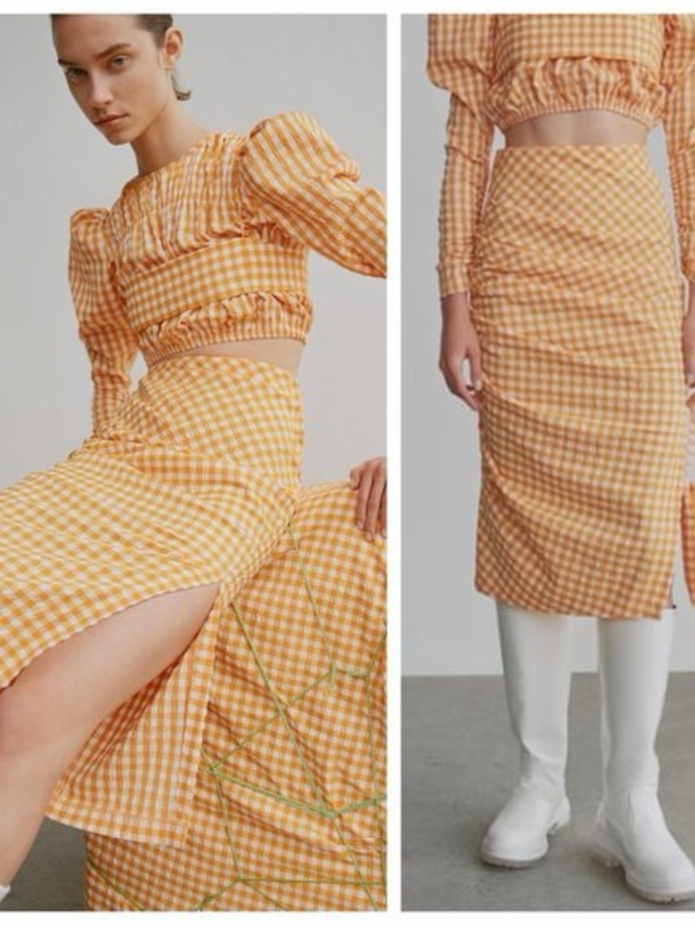 Zara Gingham Midi Skirt in Orange and White, size Large